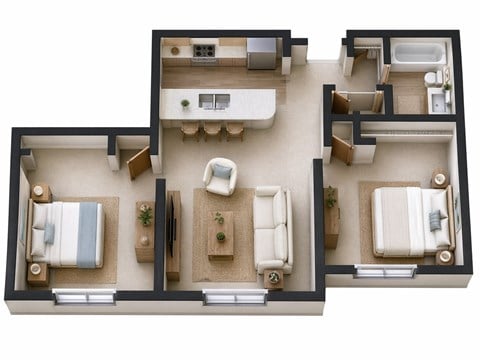 Floor plan for 2 beds, 1 bath, 723 sqft